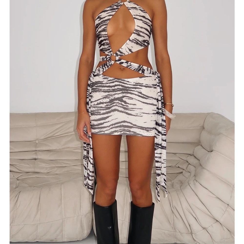 White Fox Boutique Black and Cream Zebra-Print Cutout Halter Mini Dress